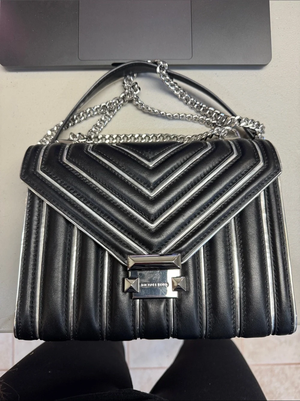 Michael Kors Black Quilted Leather Shoulder Bag with Silver Chain